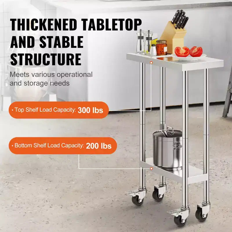 Table de Travail en Acier Inoxydable 24 x 12 x 38 Pouces, Capacité de Charge 500 LB avec 4 Roues, 3 Niveaux de Hauteur Réglables, Table de Préparation des Aliments Robuste