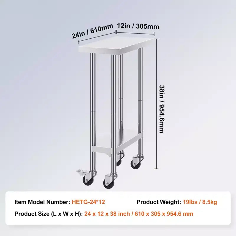 Table de Travail en Acier Inoxydable 24 x 12 x 38 Pouces, Capacité de Charge 500 LB avec 4 Roues, 3 Niveaux de Hauteur Réglables, Table de Préparation des Aliments Robuste