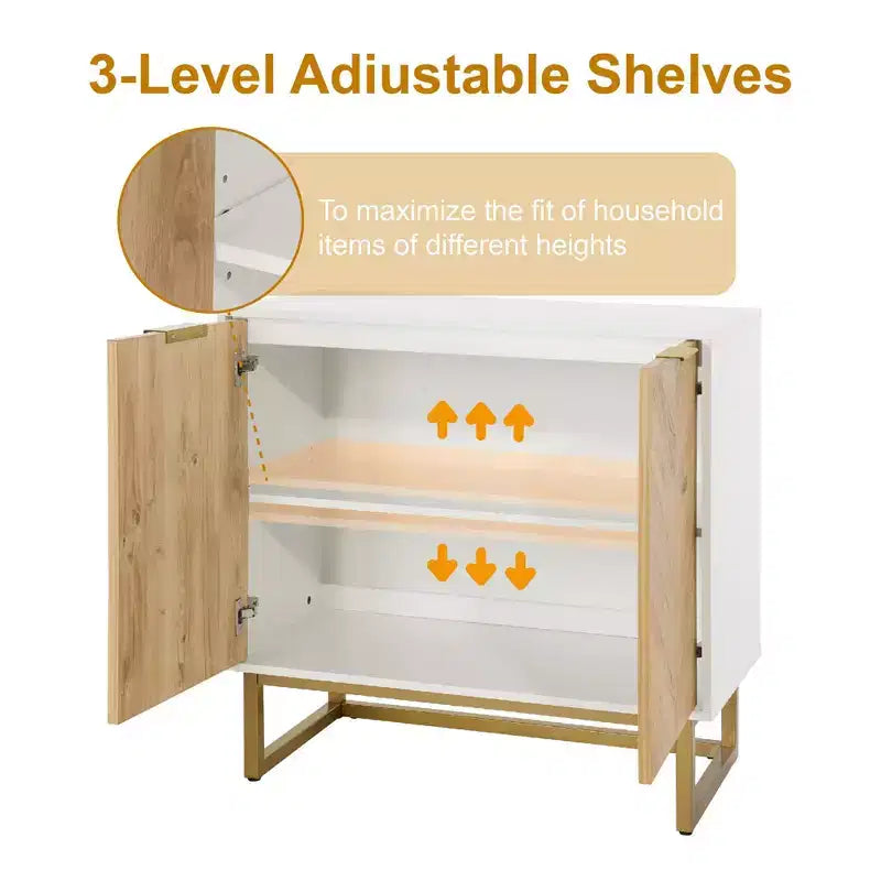 Meuble de rangement blanc et doré à 2 portes - Buffet moderne, Meuble d'appoint élégant pour salon