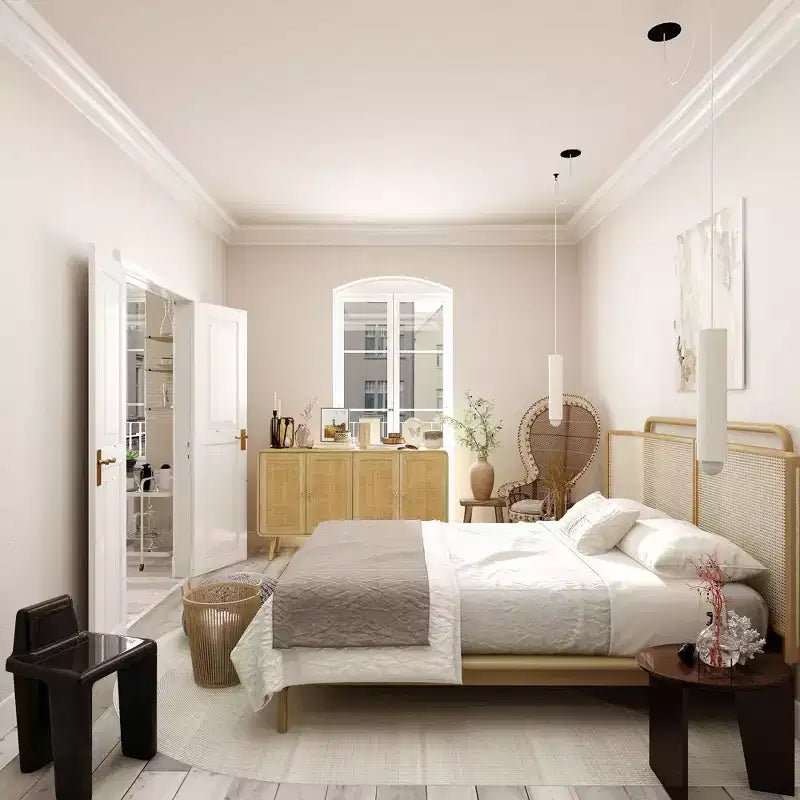 Armoire de rangement d'inspiration bohème avec portes en rotin tissé et poignées dorées - Polyvalente pour chambre, bureau, restaurant et salon