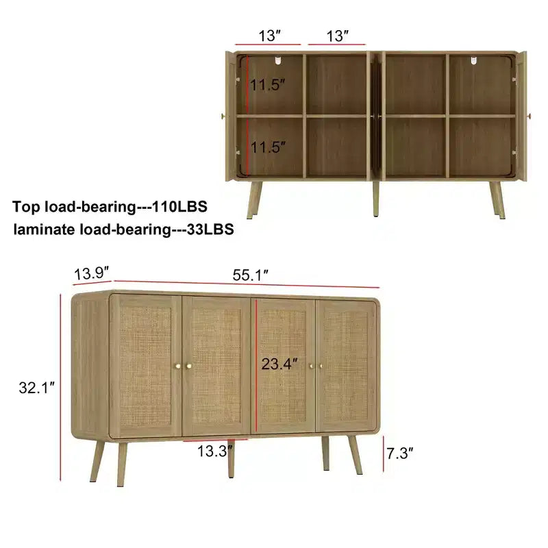 Armoire de rangement d'inspiration bohème avec portes en rotin tissé et poignées dorées - Polyvalente pour chambre, bureau, restaurant et salon
