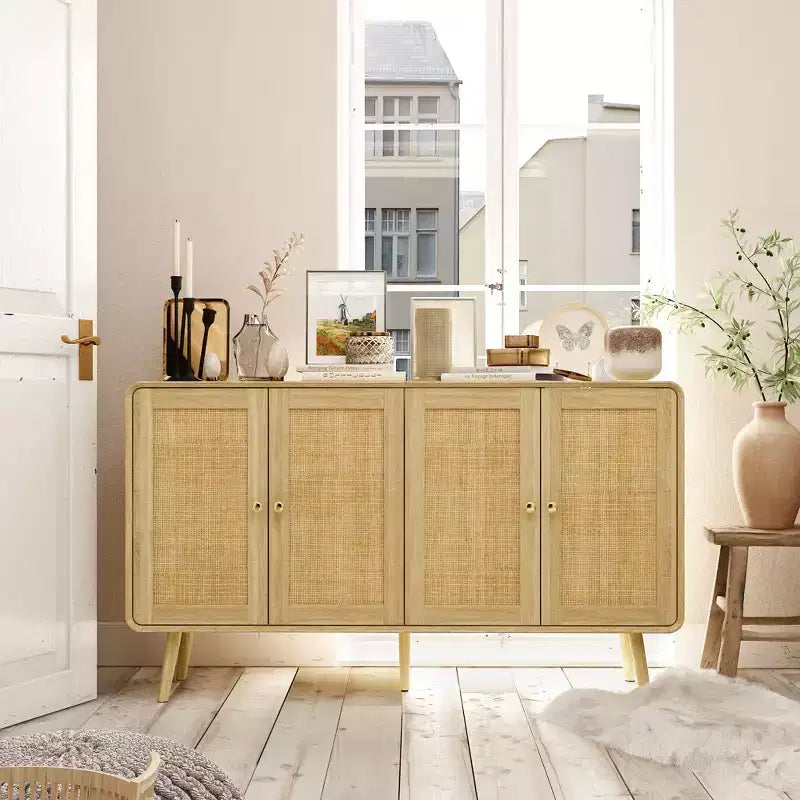 Armoire de rangement d'inspiration bohème avec portes en rotin tissé et poignées dorées - Polyvalente pour chambre, bureau, restaurant et salon