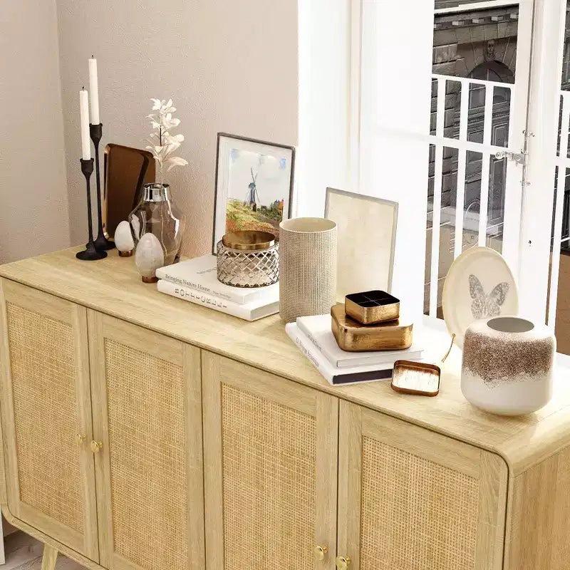Armoire de rangement d'inspiration bohème avec portes en rotin tissé et poignées dorées - Polyvalente pour chambre, bureau, restaurant et salon