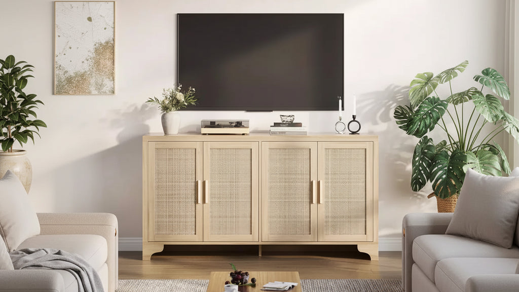 Buffet de salle à manger en rotin de 157 cm, meuble de rangement de cuisine à 4 portes avec étagères