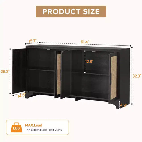 Buffet de salle à manger en rotin de 157 cm, meuble de rangement de cuisine à 4 portes avec étagères