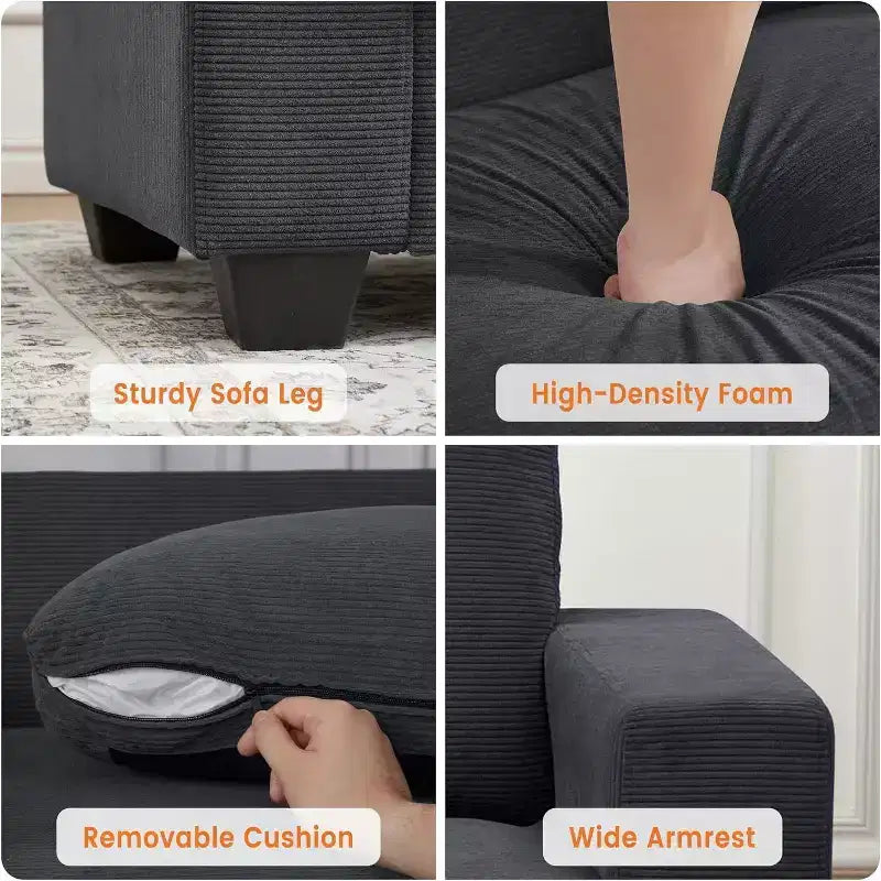 Canapé moderne gris, canapé deux places surdimensionné avec assise profonde, accoudoirs larges et dossier moelleux