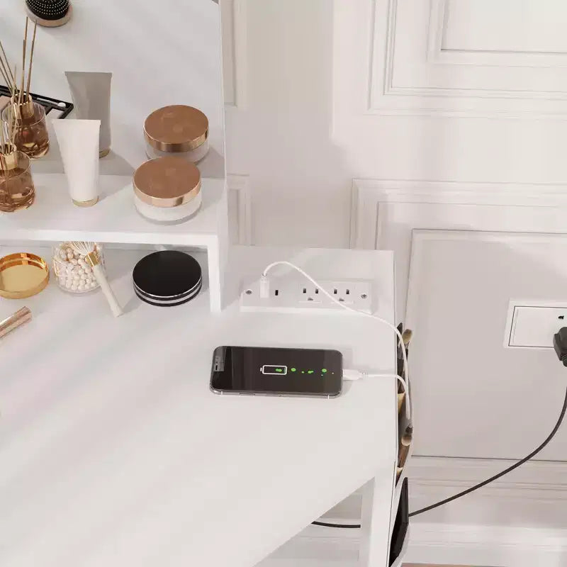 Coiffeuse d'angle et tabouret, Coiffeuse d'angle avec miroir lumineux LED, station de charge et armoire pour chambre à coucher
