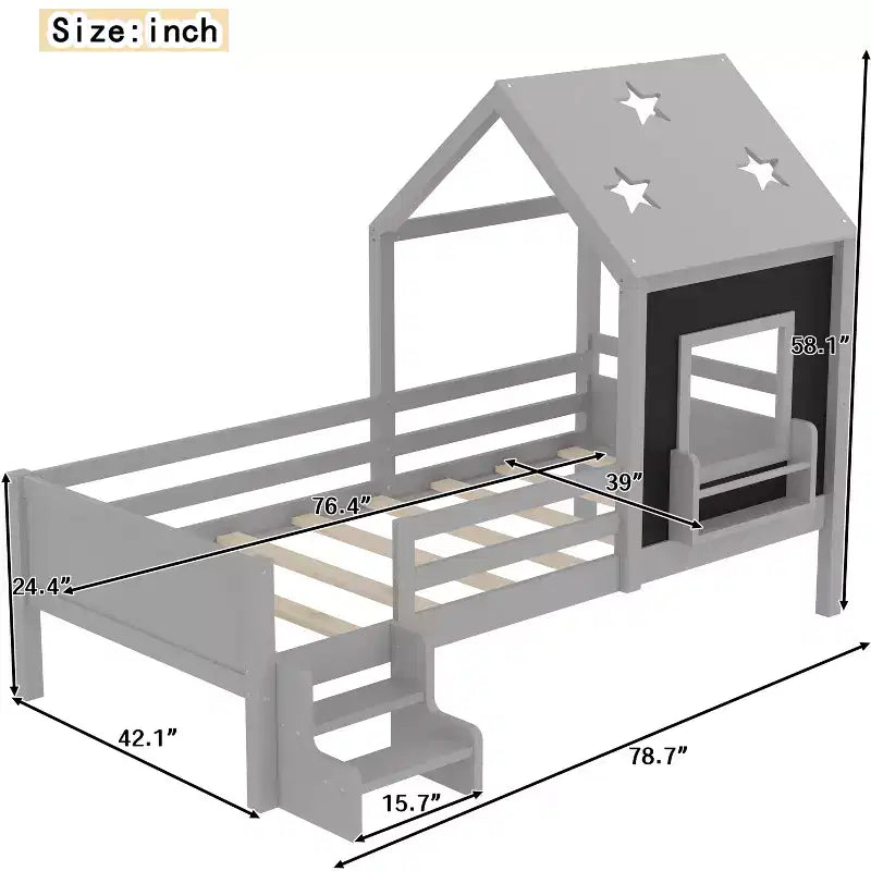 Lit mezzanine double/complet avec escaliers bas, bibliothèque, tableau noir et toit étoilé