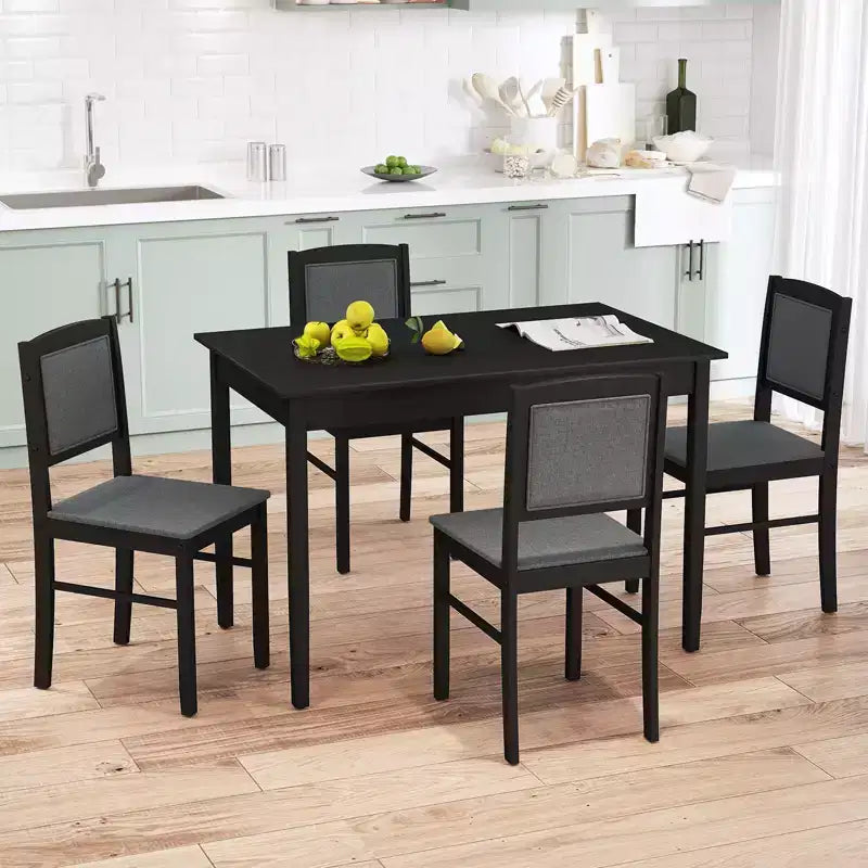 Table à manger pour 4 personnes avec pieds en bois d'hévéa, assise rembourrée et dossier matelassé