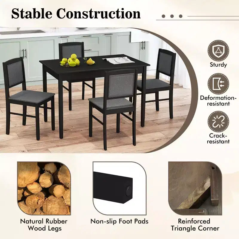 Table à manger pour 4 personnes avec pieds en bois d'hévéa, assise rembourrée et dossier matelassé