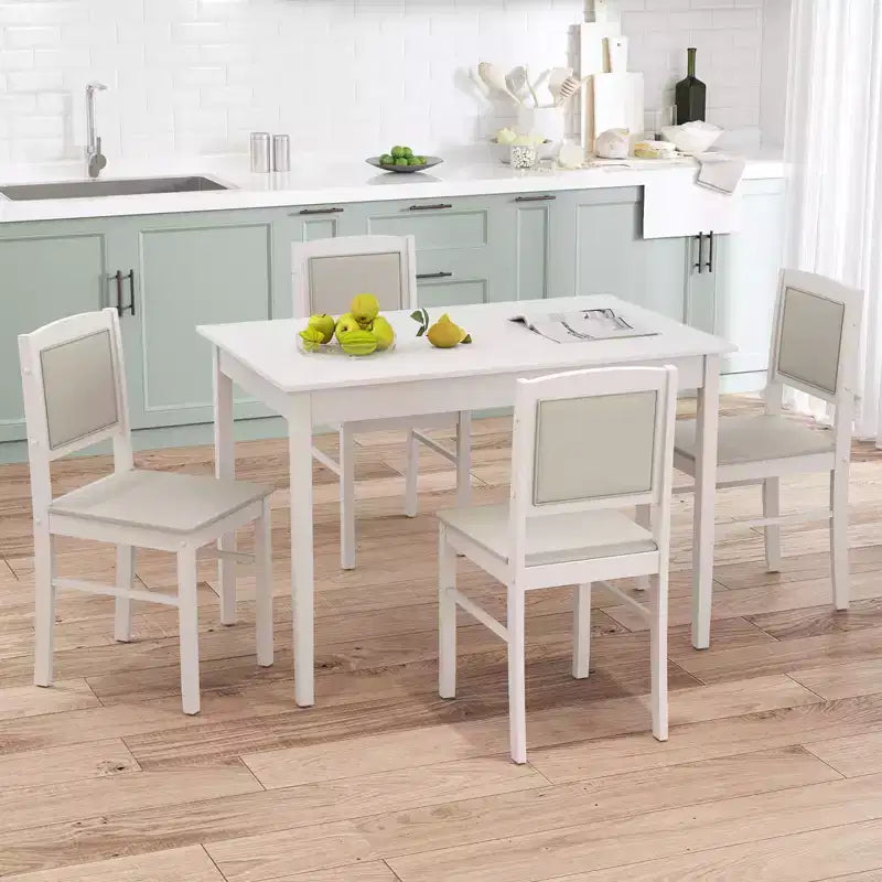 Table à manger pour 4 personnes avec pieds en bois d'hévéa, assise rembourrée et dossier matelassé