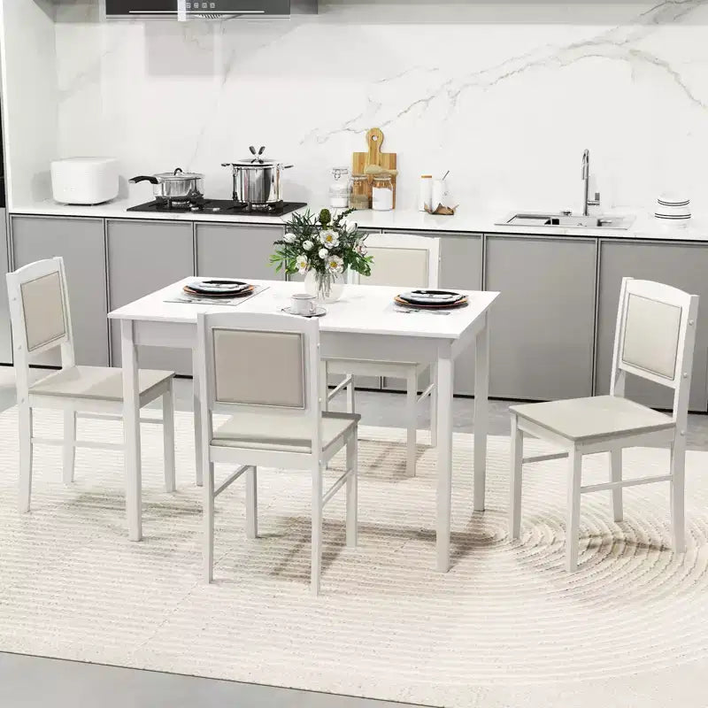 Table à manger pour 4 personnes avec pieds en bois d'hévéa, assise rembourrée et dossier matelassé
