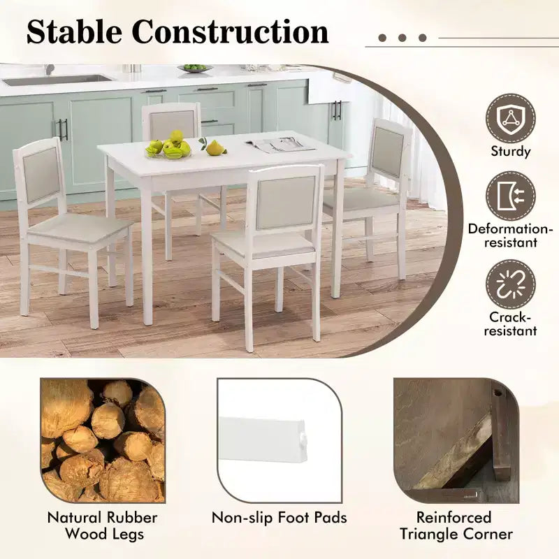 Table à manger pour 4 personnes avec pieds en bois d'hévéa, assise rembourrée et dossier matelassé