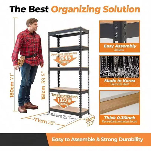 Étagère métallique sans vis à 5 niveaux de 28 po L x 12,3 po P x 59,5 po H, robuste, réglable, pour rangement de garage et organisation