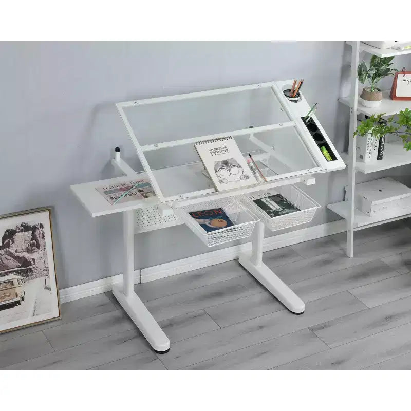 table à dessin réglable à manivelle avec 2 tiroirs métalliques (blanc) - AVEC TABOURET