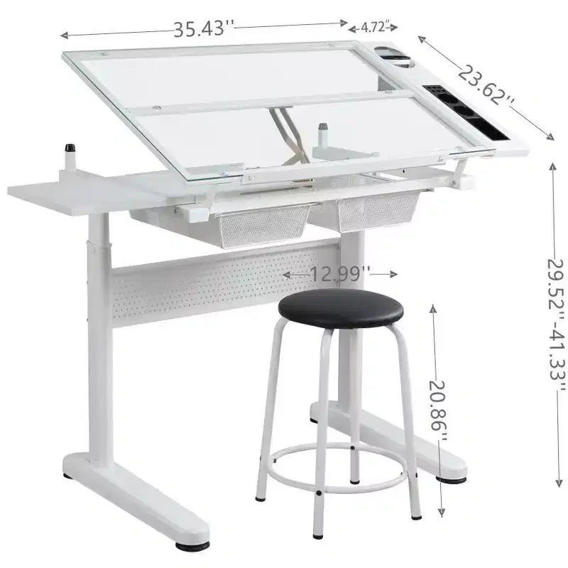 table à dessin réglable à manivelle avec 2 tiroirs métalliques (blanc) - AVEC TABOURET