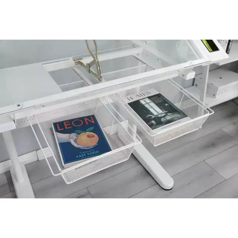 table à dessin réglable à manivelle avec 2 tiroirs métalliques (blanc) - AVEC TABOURET