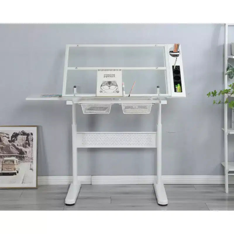 table à dessin réglable à manivelle avec 2 tiroirs métalliques (blanc) - AVEC TABOURET