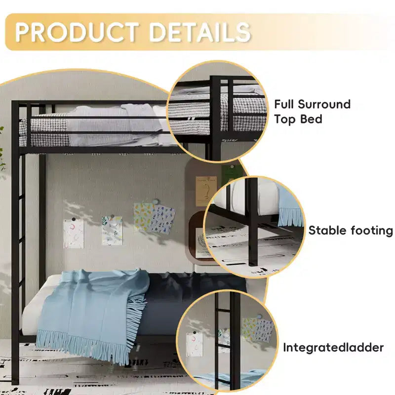 Lits superposés en métal robustes grand lit/double avec échelles et barrière de sécurité sur toute la longueur, cadre de lit contemporain pour chambre à coucher, appartements