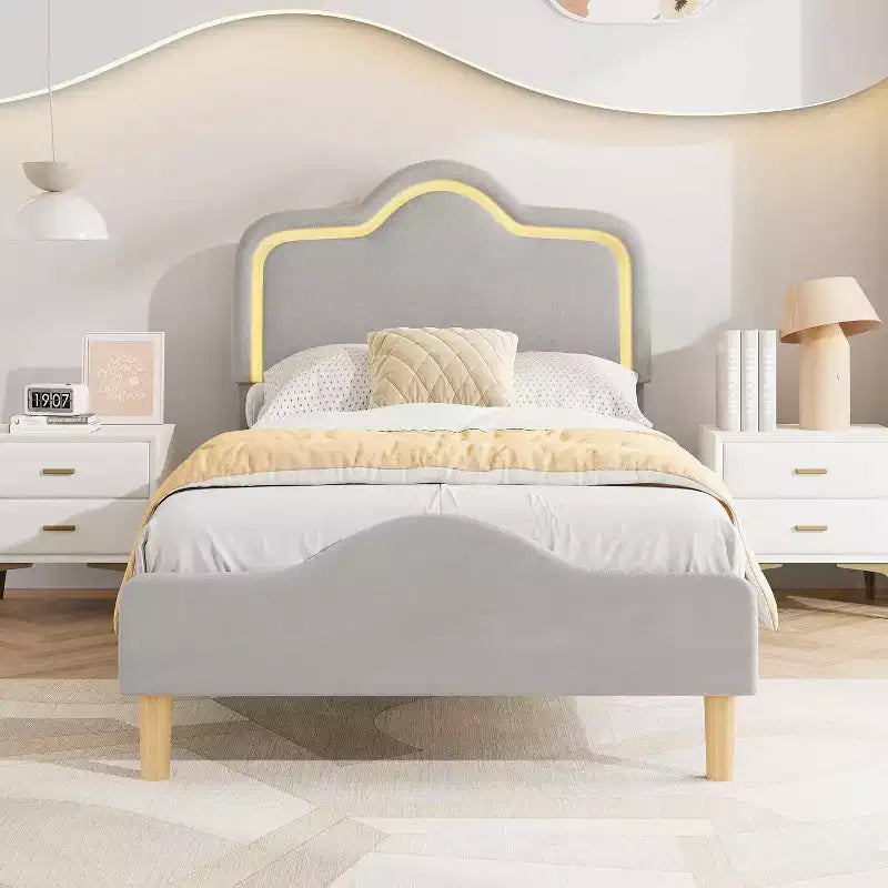 Cadre de lit rembourré LED Beige/Rose/Gris avec tête de lit réglable, lit plateforme de princesse en velours pour filles avec support à lattes en bois, montage facile