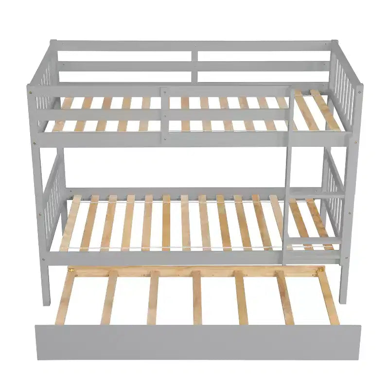 Lit superposé jumeau sur jumeau avec lit gigogne, en bois d'hévéa massif, convertible en deux lits jumeaux, échelle et barrières de sécurité, design peu encombrant