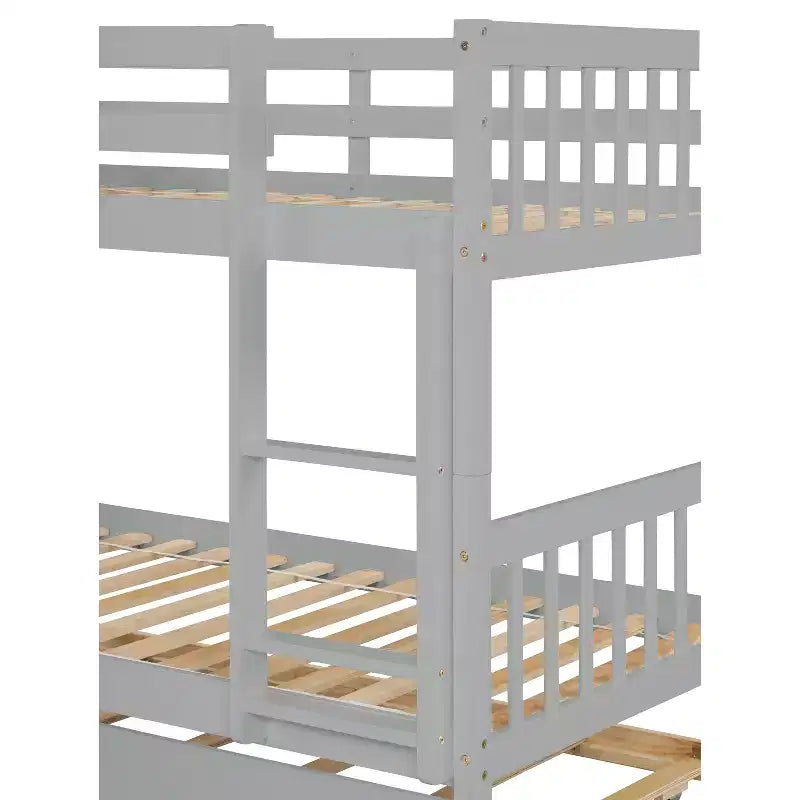 Lit superposé jumeau sur jumeau avec lit gigogne, en bois d'hévéa massif, convertible en deux lits jumeaux, échelle et barrières de sécurité, design peu encombrant