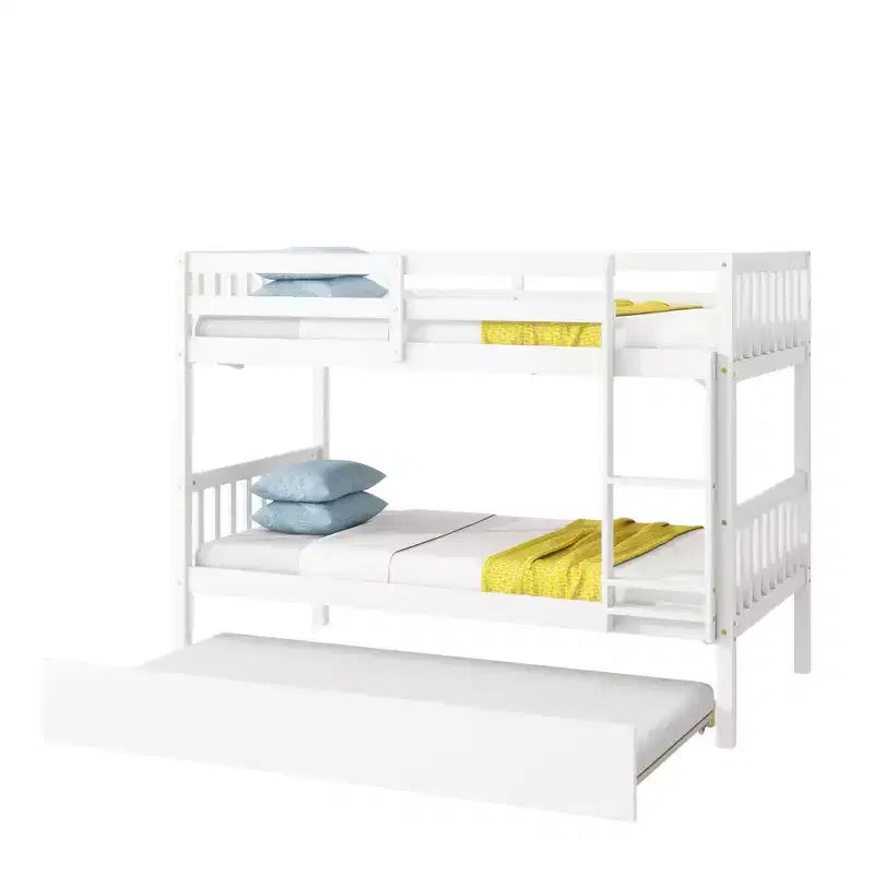 Lit superposé jumeau sur jumeau avec lit gigogne, en bois d'hévéa massif, convertible en deux lits jumeaux, échelle et barrières de sécurité, design peu encombrant