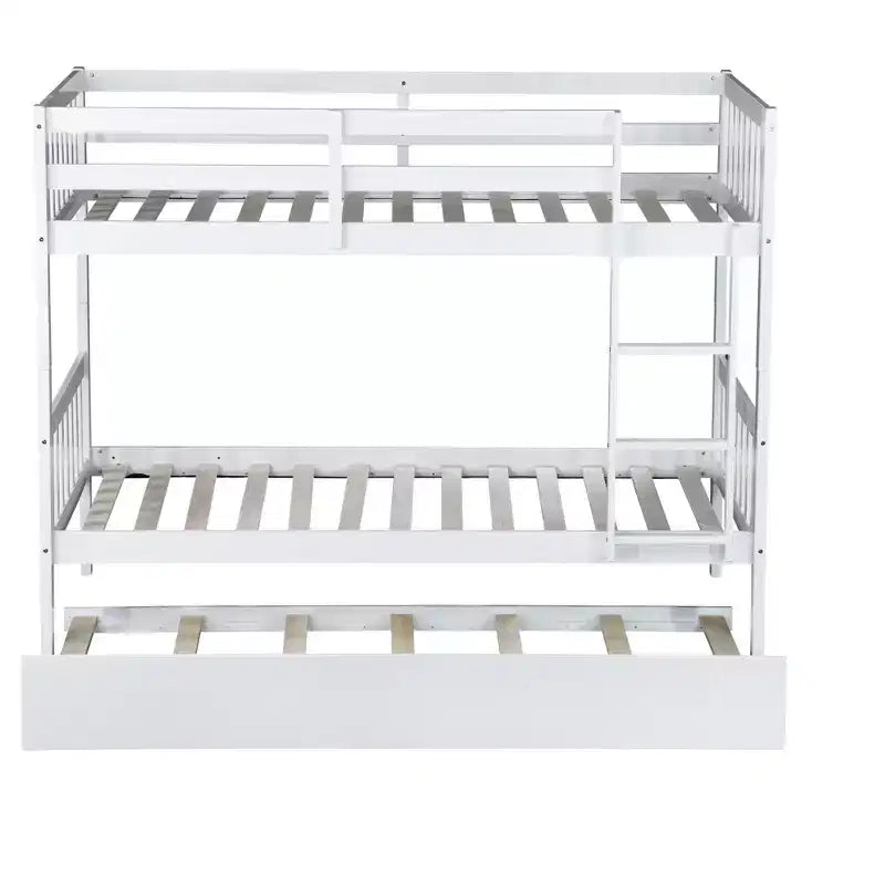 Lit superposé jumeau sur jumeau avec lit gigogne, en bois d'hévéa massif, convertible en deux lits jumeaux, échelle et barrières de sécurité, design peu encombrant