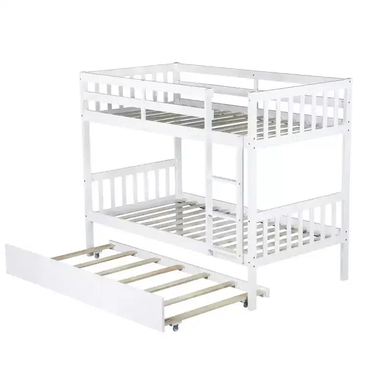 Lit superposé jumeau sur jumeau avec lit gigogne, en bois d'hévéa massif, convertible en deux lits jumeaux, échelle et barrières de sécurité, design peu encombrant