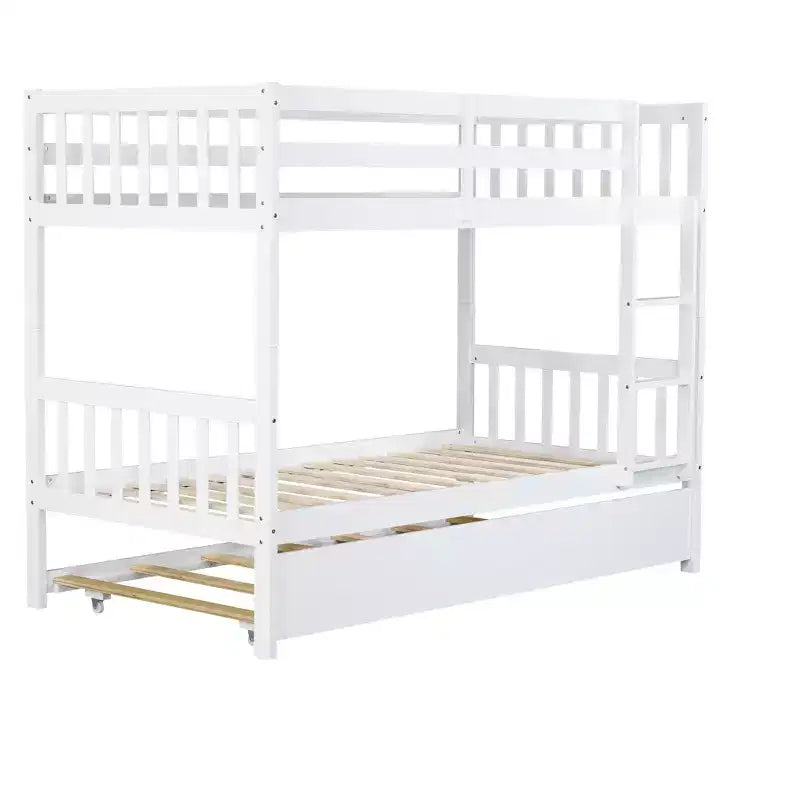 Lit superposé jumeau sur jumeau avec lit gigogne, en bois d'hévéa massif, convertible en deux lits jumeaux, échelle et barrières de sécurité, design peu encombrant