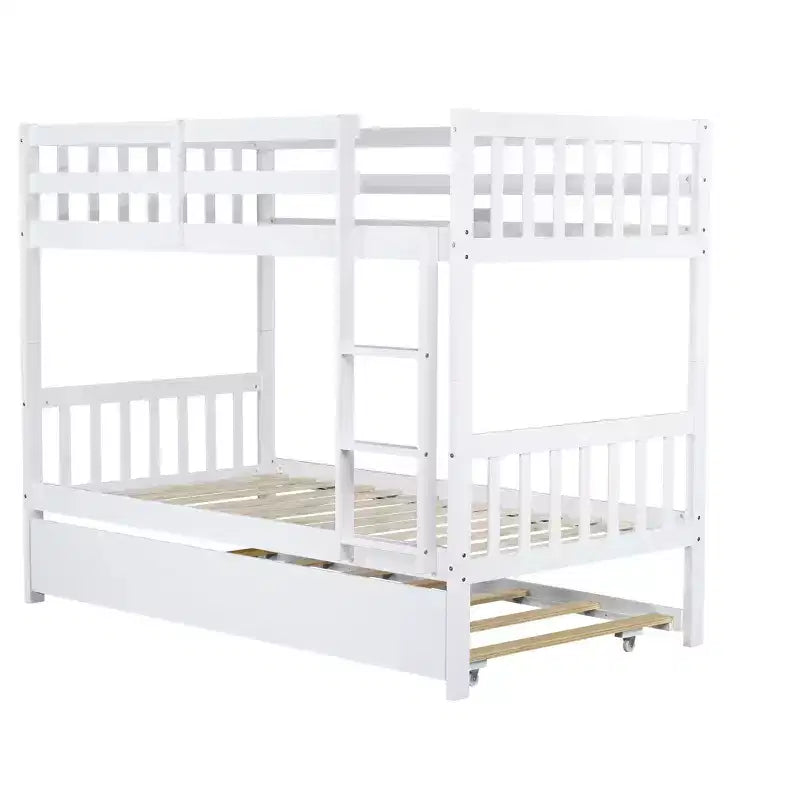 Lit superposé jumeau sur jumeau avec lit gigogne, en bois d'hévéa massif, convertible en deux lits jumeaux, échelle et barrières de sécurité, design peu encombrant