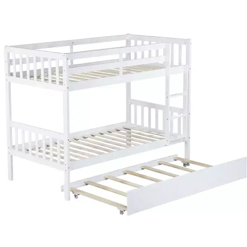 Lit superposé jumeau sur jumeau avec lit gigogne, en bois d'hévéa massif, convertible en deux lits jumeaux, échelle et barrières de sécurité, design peu encombrant