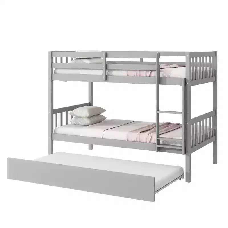 Lit superposé jumeau sur jumeau avec lit gigogne, en bois d'hévéa massif, convertible en deux lits jumeaux, échelle et barrières de sécurité, design peu encombrant
