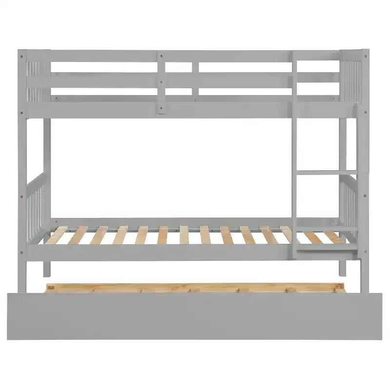 Lit superposé jumeau sur jumeau avec lit gigogne, en bois d'hévéa massif, convertible en deux lits jumeaux, échelle et barrières de sécurité, design peu encombrant