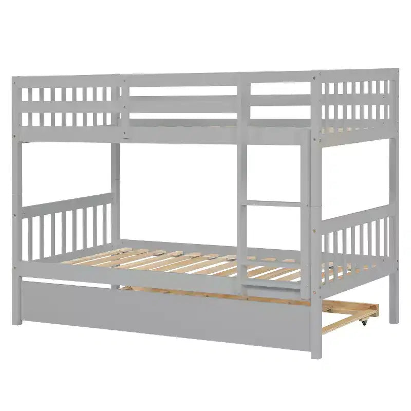 Lit superposé jumeau sur jumeau avec lit gigogne, en bois d'hévéa massif, convertible en deux lits jumeaux, échelle et barrières de sécurité, design peu encombrant