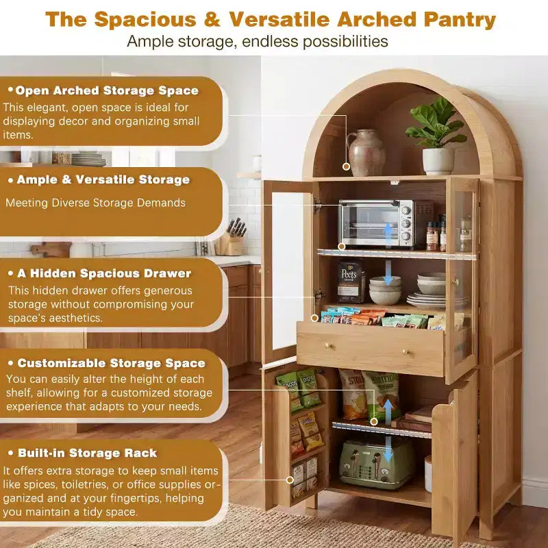 Garde-manger haut de cuisine de 180 cm avec portes vitrées, armoire de rangement autoportante pour cuisine, salle à manger ou salon