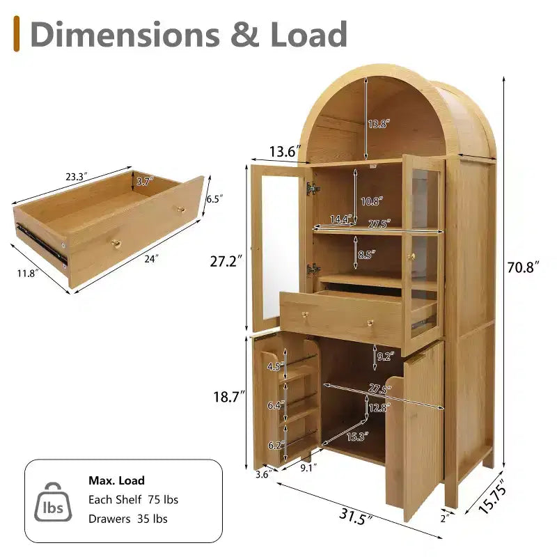 Garde-manger haut de cuisine de 180 cm avec portes vitrées, armoire de rangement autoportante pour cuisine, salle à manger ou salon