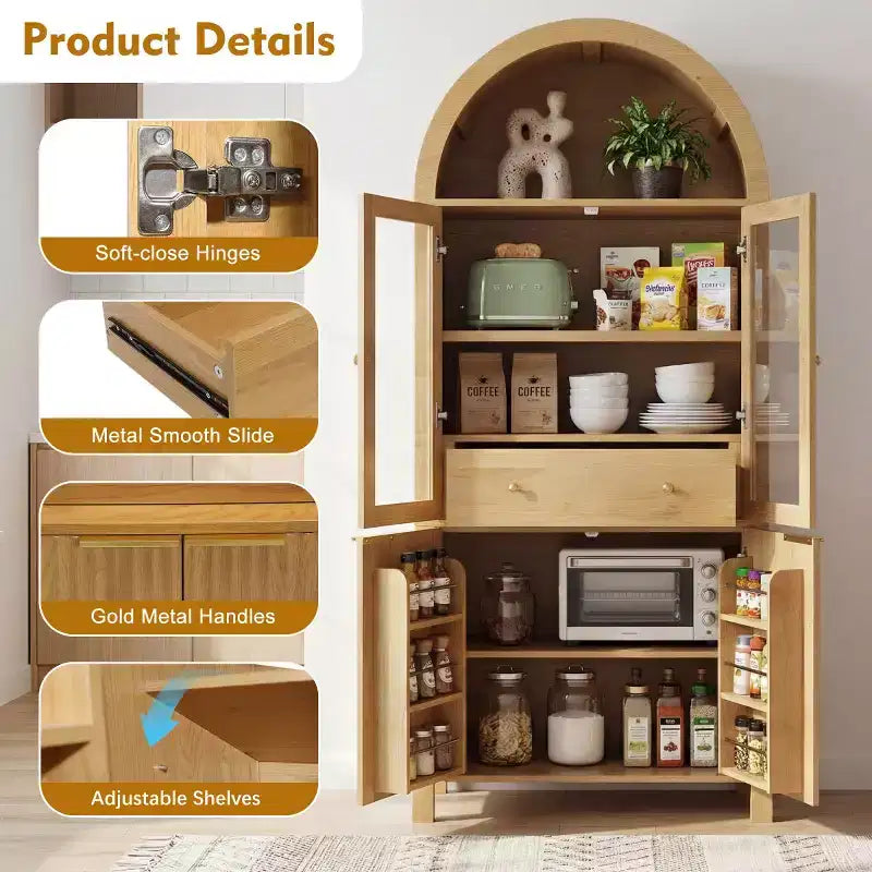 Garde-manger haut de cuisine de 180 cm avec portes vitrées, armoire de rangement autoportante pour cuisine, salle à manger ou salon