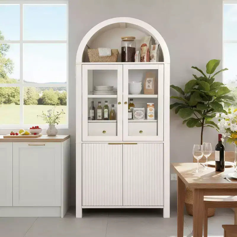 Garde-manger haut de cuisine de 180 cm avec portes vitrées, armoire de rangement autoportante pour cuisine, salle à manger ou salon
