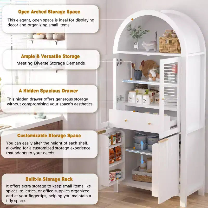 Garde-manger haut de cuisine de 180 cm avec portes vitrées, armoire de rangement autoportante pour cuisine, salle à manger ou salon