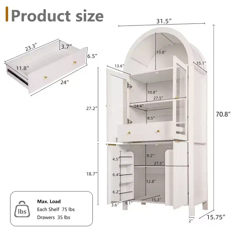 Garde-manger haut de cuisine de 180 cm avec portes vitrées, armoire de rangement autoportante pour cuisine, salle à manger ou salon