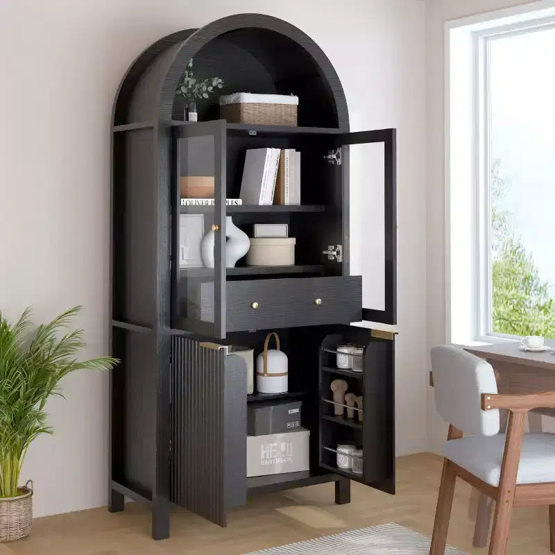Garde-manger haut de cuisine de 180 cm avec portes vitrées, armoire de rangement autoportante pour cuisine, salle à manger ou salon