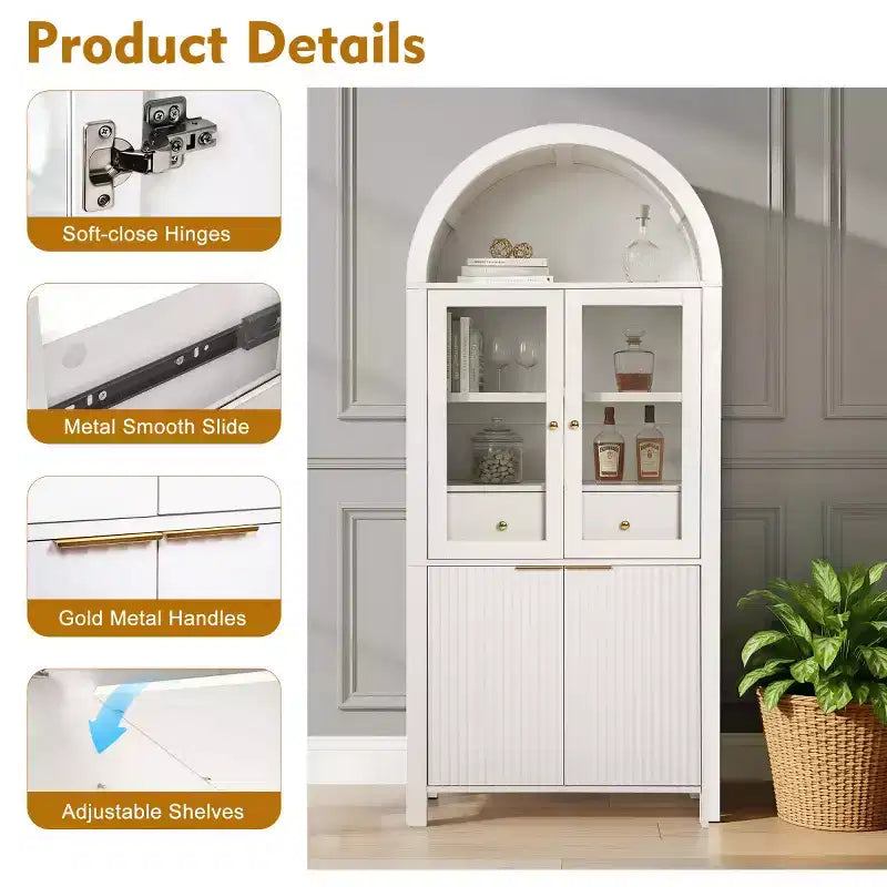 Garde-manger haut de cuisine de 180 cm avec portes vitrées, armoire de rangement autoportante pour cuisine, salle à manger ou salon