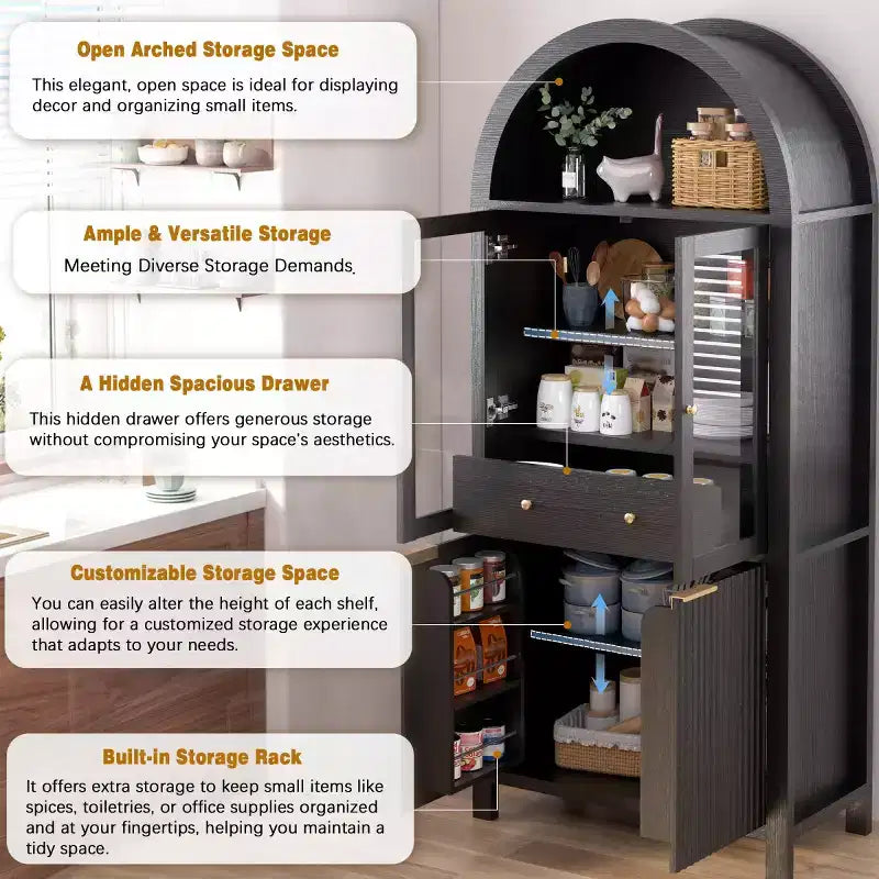 Garde-manger haut de cuisine de 180 cm avec portes vitrées, armoire de rangement autoportante pour cuisine, salle à manger ou salon