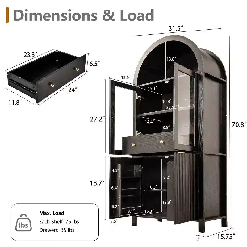 Garde-manger haut de cuisine de 180 cm avec portes vitrées, armoire de rangement autoportante pour cuisine, salle à manger ou salon