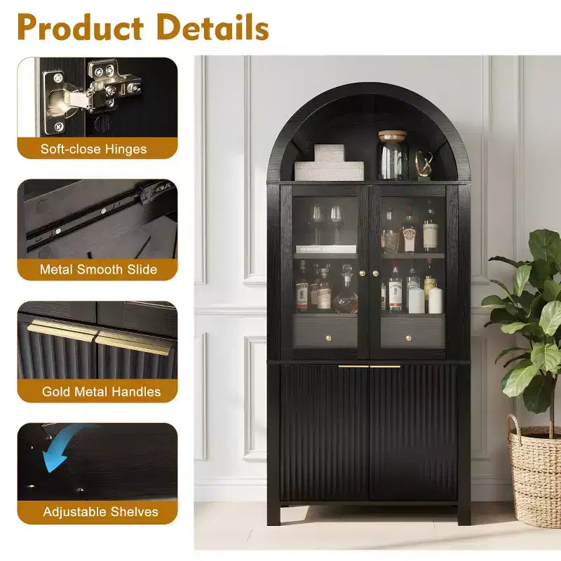 Garde-manger haut de cuisine de 180 cm avec portes vitrées, armoire de rangement autoportante pour cuisine, salle à manger ou salon