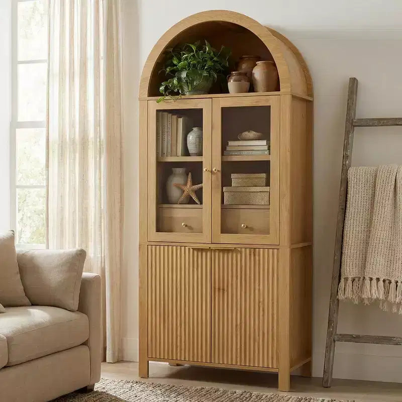 Garde-manger haut de cuisine de 180 cm avec portes vitrées, armoire de rangement autoportante pour cuisine, salle à manger ou salon