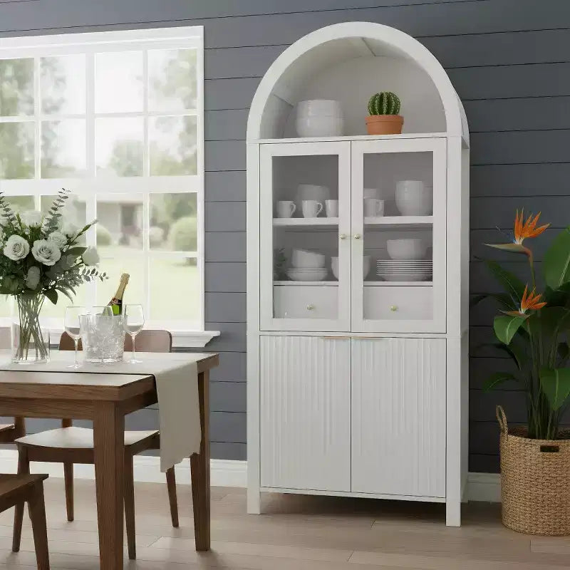 Garde-manger haut de cuisine de 180 cm avec portes vitrées, armoire de rangement autoportante pour cuisine, salle à manger ou salon