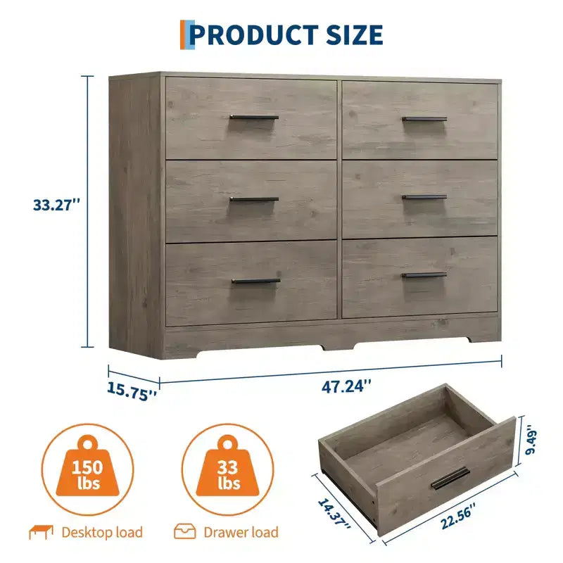 Commode de chambre, commode moderne à 6 tiroirs pour chambre à coucher, grand buffet de rangement en bois avec poignée en métal pour entrée, couloir