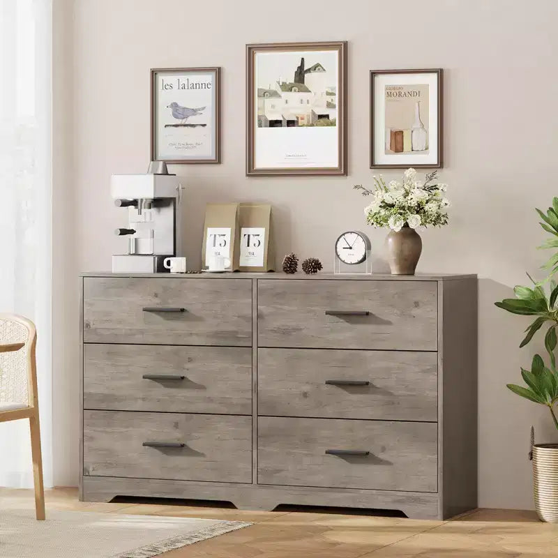 Commode de chambre, commode moderne à 6 tiroirs pour chambre à coucher, grand buffet de rangement en bois avec poignée en métal pour entrée, couloir
